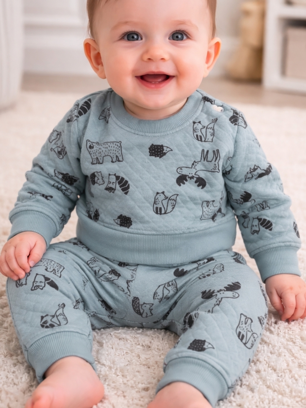 Cozy Baby Two-Piece Set with Woodland Animals - Sage Green Quilted